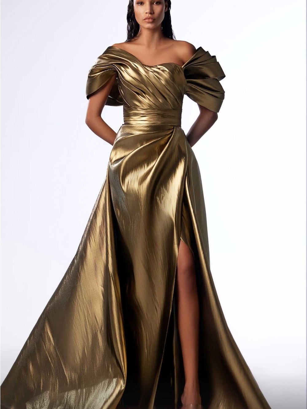 MNM Couture Metallic Gold Draped Off-Shoulder Gown